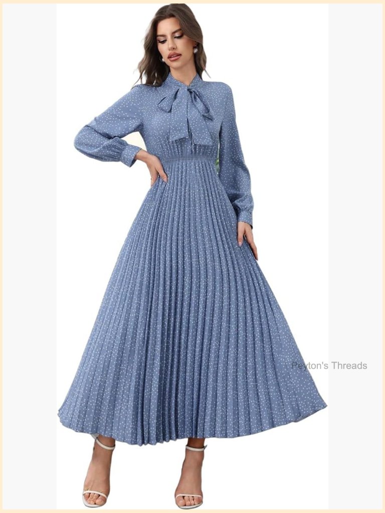 Pleated A-Line Midi Dress With Tie Neck And Detachable Belt